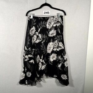 Vintage 100% Silk Adrianna Papell Petites Skirt Womens 8 Black Floral Chiffon